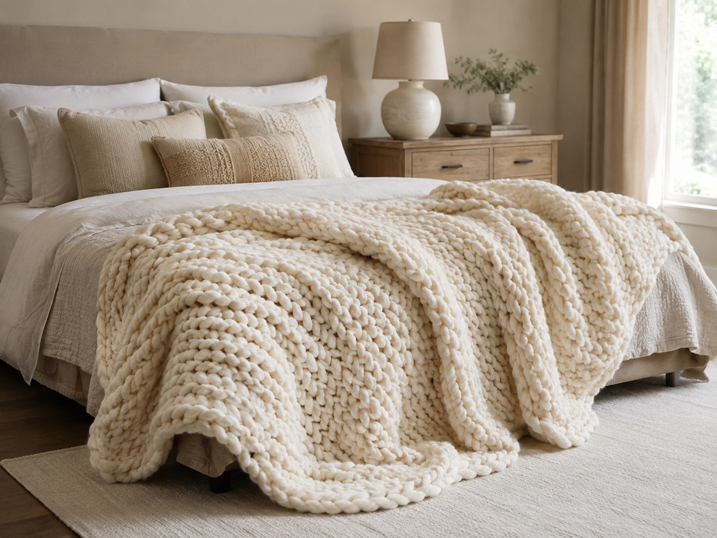 Oversized chunky knit bed blanket in a neutral bedroom