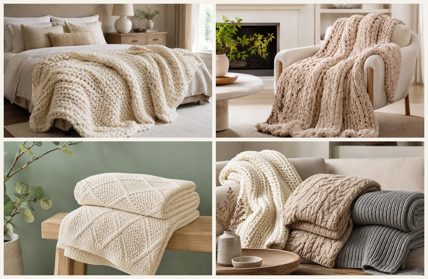 Collection of neutral knit throw blankets in chunky, cable and rib textures